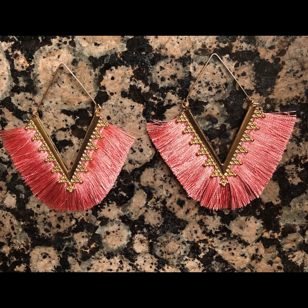 Pink V-Shaped Bohemian Fringe Earrings